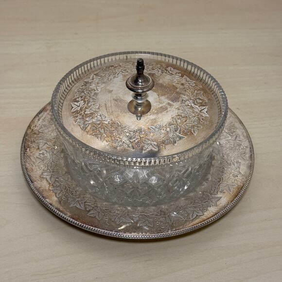 Antique 1885 Victorian Silver Plate Covered Butter Trinket Dish Ivy Rd 27552 - Picture 1 of 8